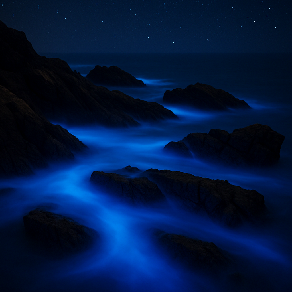 馬祖藍眼淚夜景，海水閃爍藍光與礁岩交錯的夢幻畫面