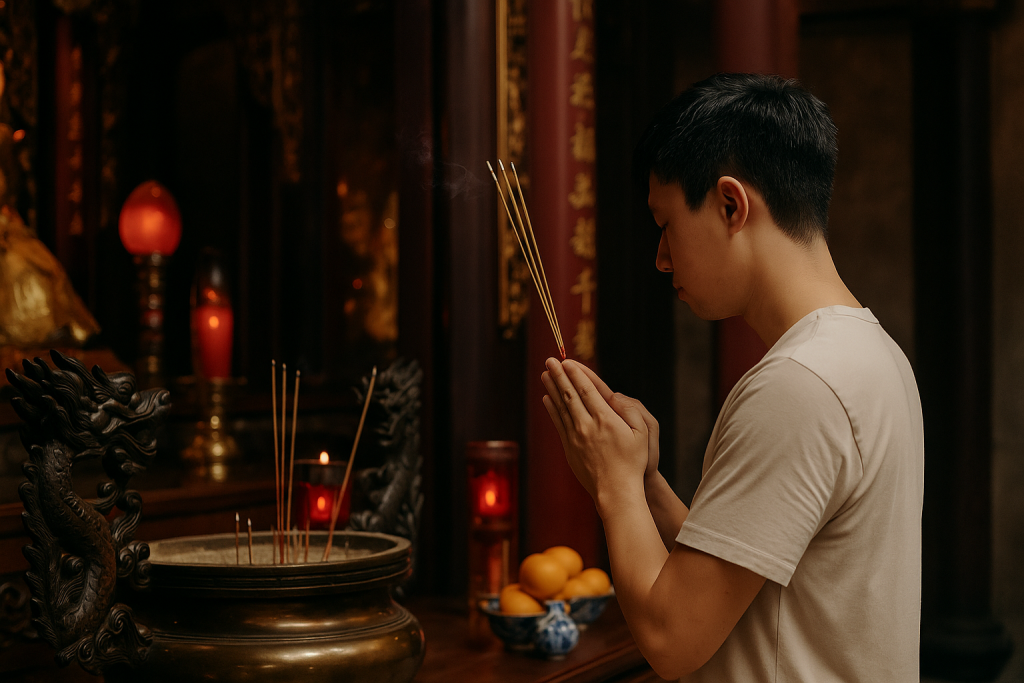 廟宇中年輕男子手持香柱虔誠拜拜的畫面