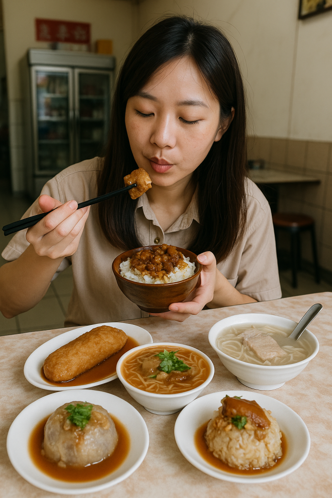 彰化市早餐必吃｜女孩享用滷肉飯、肉圓、米糕與麵線糊的在地美食